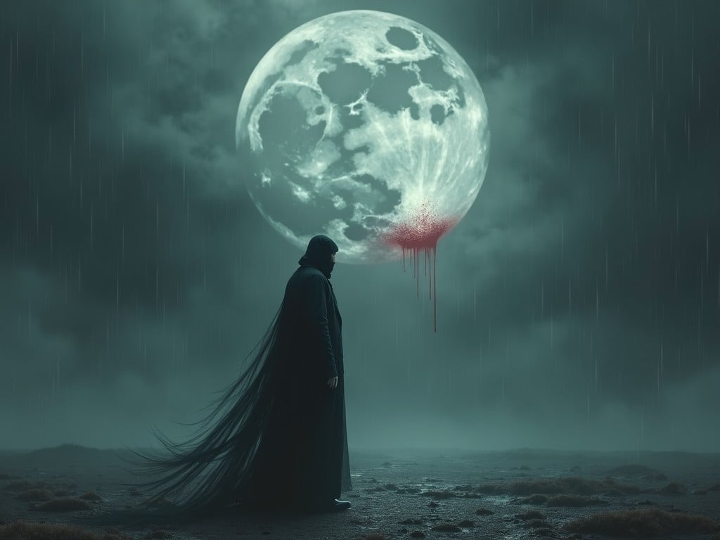 A mysterious figure cloaked in dark robes stands in the foreground, gazing upwards at a large, luminous moon. The moon, dominating the cloudy night sky, is marred by a dramatic and eerie red smear, suggesting a supernatural event. The scene is enveloped in an atmospheric mist that enhances the sense of otherworldly mystery.