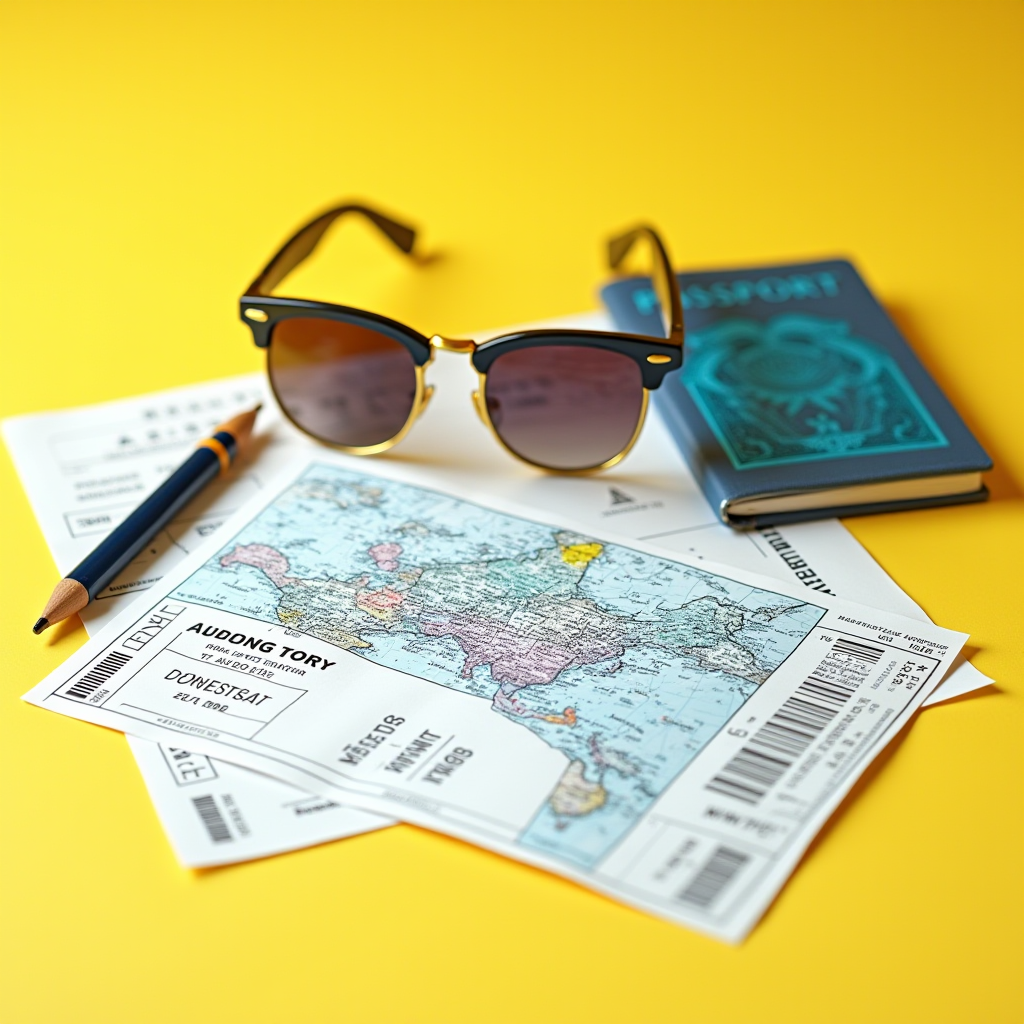 Sunglasses, a map, tickets, and a passport are placed on a yellow surface.