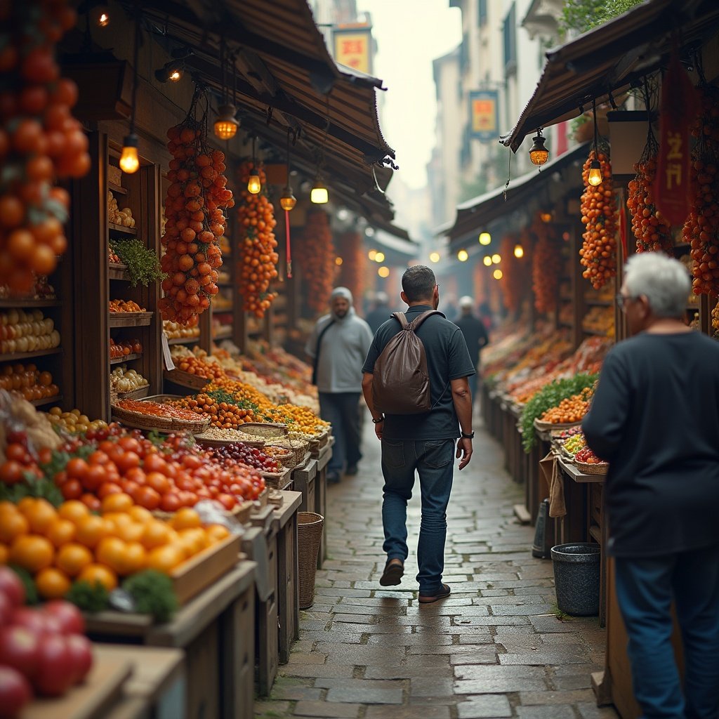 This image captures a vibrant market scene filled with an array of fruits and vegetables. A person is walking through a narrow alley lined with stalls bursting with colorful produce. The atmosphere is lively yet calm, with soft lighting enhancing the warm tones of the fruits. In the background, other patrons casually browse the offerings. The market seems to have a traditional charm, inviting visitors to explore and indulge in local flavors.