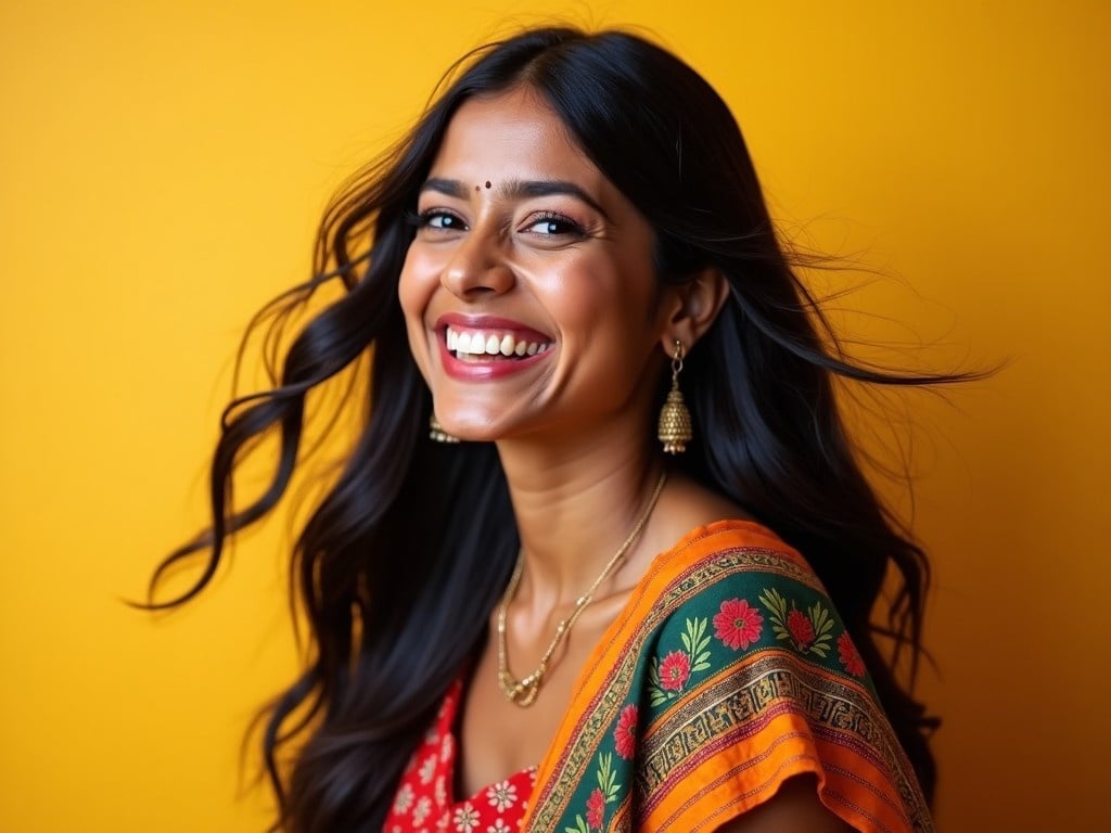 The image depicts a joyful Indian woman with long hair, smiling brightly against a yellow backdrop. She is dressed in colorful traditional attire that reflects her cultural heritage. The bright colors create a warm and lively atmosphere, enhancing her happy expression. Her accessories, including traditional earrings, add to her cheerful appearance. The overall composition conveys happiness and cultural pride.