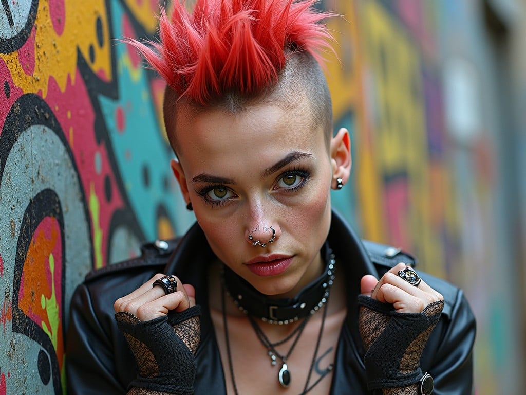 A young individual with vibrant, spiky red hair and multiple facial piercings exudes an edgy and rebellious aura. Dressed in a black leather jacket, they stand confidently against a backdrop of colorful graffiti. The combination of fierce expression and urban art creates a powerful visual statement.