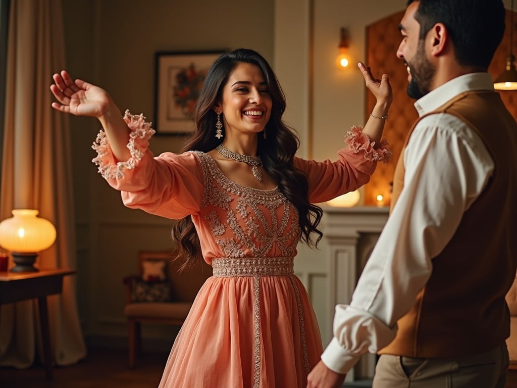 A joyous woman in a pink dress dances with a man in a well-lit room, exuding happiness and warmth.