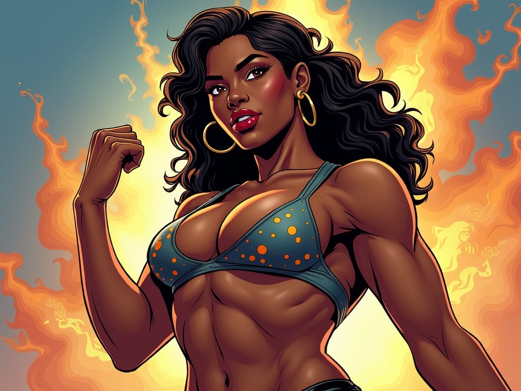 This is a vibrant digital illustration depicting a powerful and confident woman standing amidst flames. She is portrayed with an athletic build, wearing a dotted bra top, and accessorized with large hoop earrings. Her pose exudes strength and defiance, with one arm flexing a bicep, set against a backdrop of swirling fire.