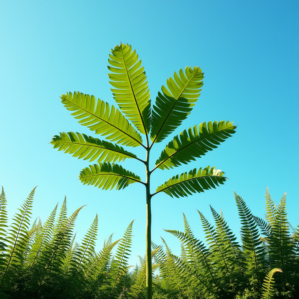 A tall, lush fern stands prominently against a vibrant blue sky.