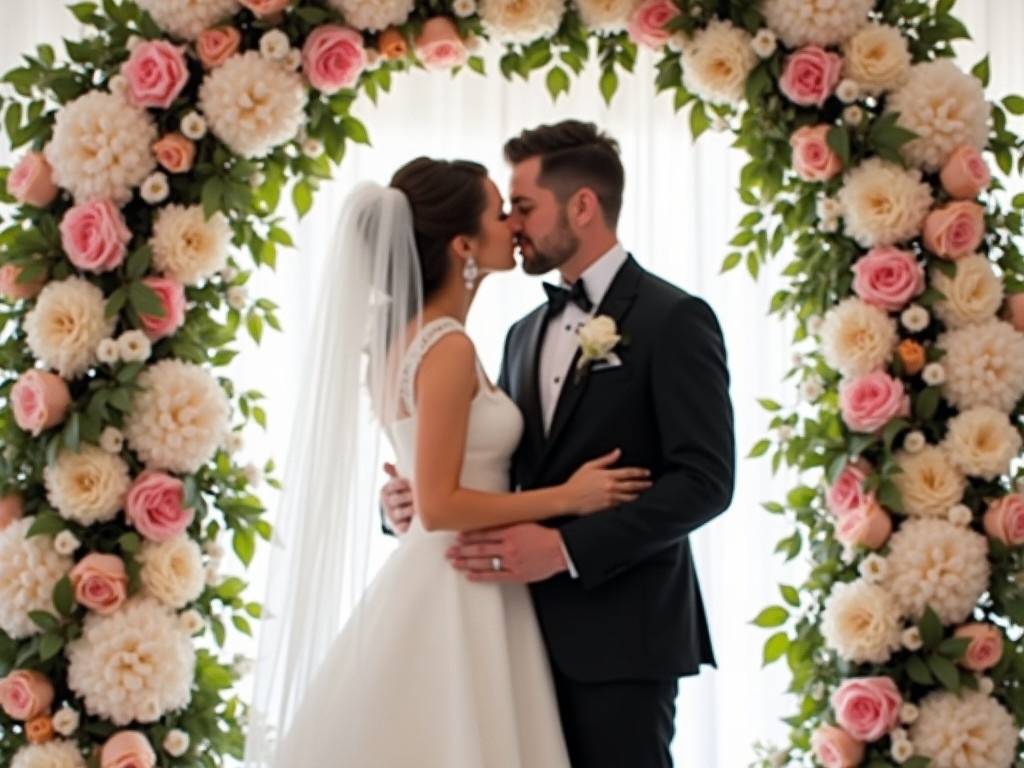 The image captures a beautiful moment of a couple on their wedding day. The bride wears a lovely white gown, while the groom is dressed in a classic tuxedo. They are standing in front of a stunning floral arch filled with soft pink and ivory flowers. The background is softly lit, adding a warm and romantic ambiance. This photo is perfect for wedding-related content or to illustrate love and celebration.