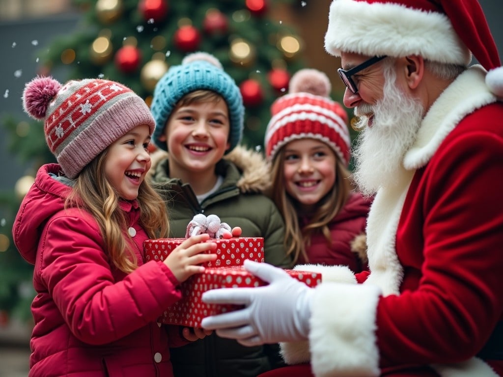 The image features a jolly Santa Claus surrounded by children during a festive holiday scene. Santa is dressed in his traditional red suit and is joyfully handing gifts to the excited kids. The children, wearing colorful winter hats and cozy jackets, are smiling brightly as they receive their presents. The background is decorated with Christmas lights and ornaments, enhancing the holiday feel. Snowflakes are gently falling, adding to the magical atmosphere of the moment.