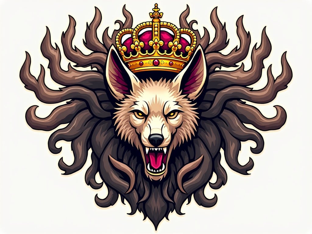 This image features a stylized illustration of a fierce wild dog serving as a royal emblem. The wild dog has a powerful expression, showcasing its sharp teeth. Above the head of the dog rests an ornate crown, symbolizing royalty. The background is dominated by flowing, dark mane-like elements that add drama to the design. This artwork blends a sense of fierceness with regal tones, making it a striking representation suitable for various applications.