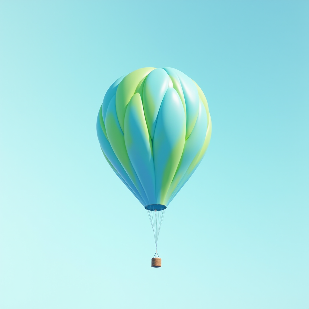 A colorful hot air balloon with green and blue patterns floats in a clear blue sky.