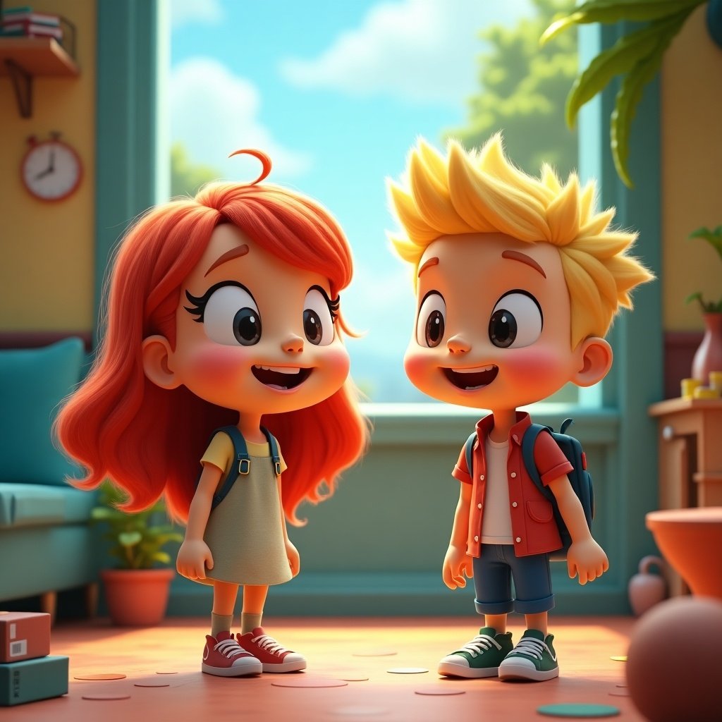 The image depicts two animated children, a redhead girl and a blonde boy, standing together with cheerful expressions. They are inside a cozy room filled with soft, natural light. The girl is wearing a light dress and sneakers, while the boy is dressed in a casual shirt and shorts. Their smiling faces convey a sense of joy and friendship. The background features playful elements, like toys and colorful decor, enhancing the lively atmosphere. This captivating scene is perfect for illustrating themes of childhood and friendship.