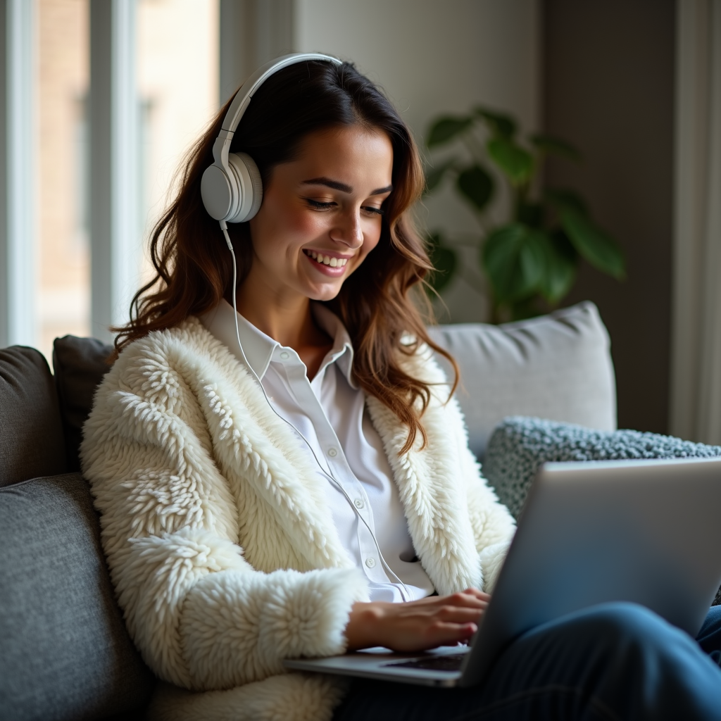 A woman in a fluffy white jacket smiles while using a laptop, sitting on a couch with headphones in a well-lit room.