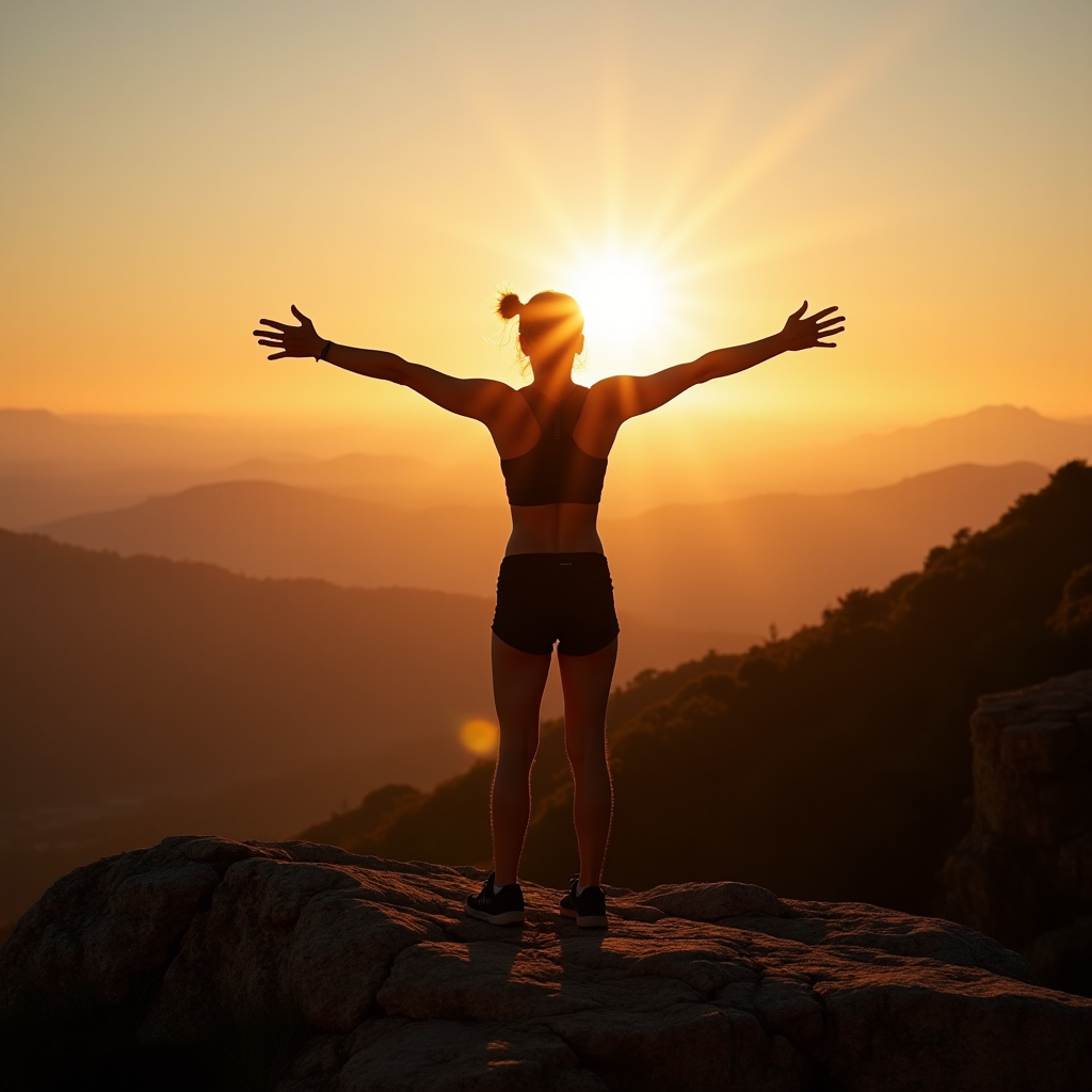 A person stands triumphantly on a mountain peak facing a radiant sunset.