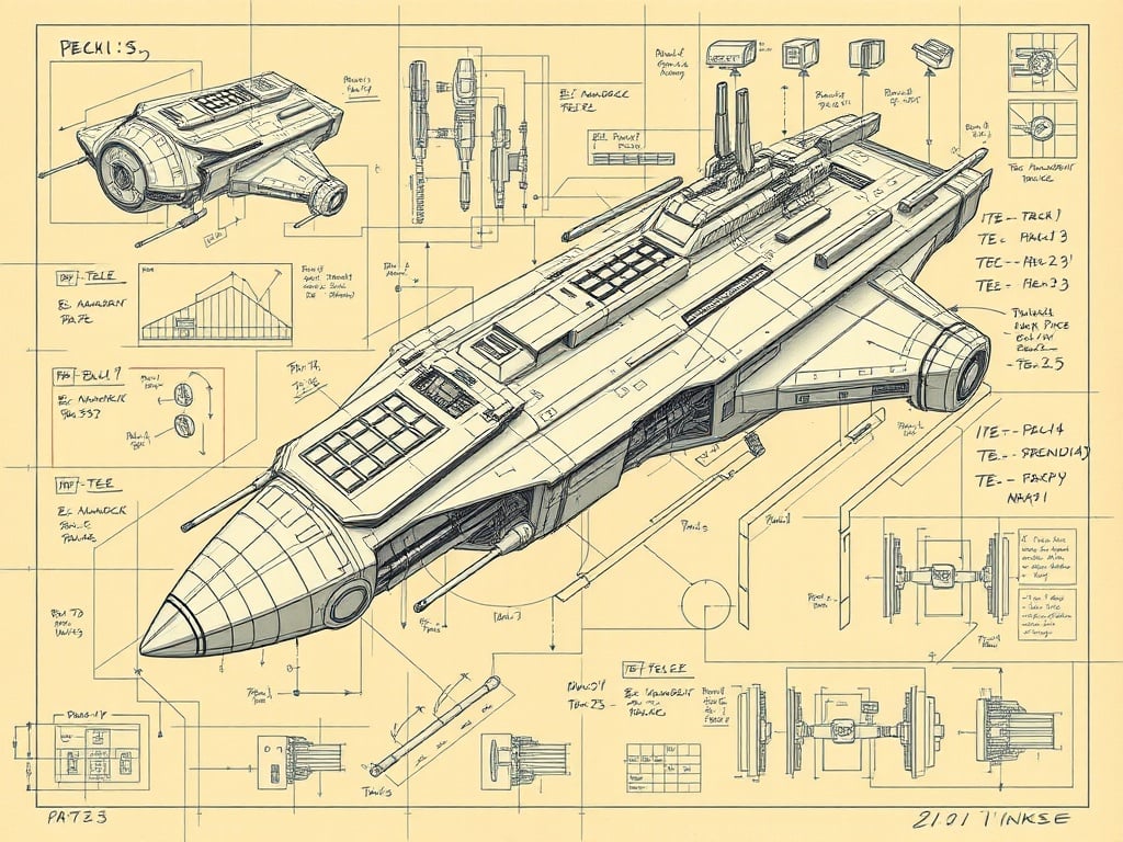 This intricately detailed blueprint depicts a futuristic spacecraft, complete with various technical annotations and specifications. The design is laid out on a pale background, giving it a classic engineering blueprint aesthetic, with bold black linework used to detail the ship’s structure, components, and dimensions. Various smaller diagrams surrounding the main ship outline additional components and mechanical details, suggesting a comprehensive design plan for an advanced space vessel.