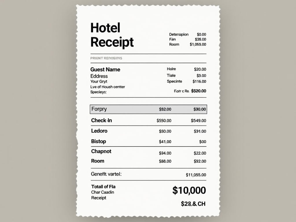 The image shows a hotel receipt displayed on a light background. The receipt includes various details such as guest name, charges, and a total amount due. Different line items indicate services used during the stay, each with their respective costs. The receipt is presented in a simple, clean design, making it easy to read. The total is prominently displayed, providing a clear overview for the guest.