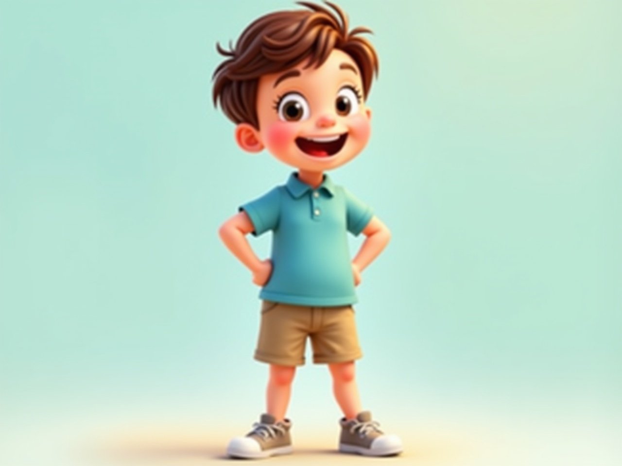 A child is standing proudly, wearing a baby-blue polo t-shirt paired with khaki shorts and matching khaki sneakers. The scene is stylized as a cartoon, yet the child's features remain easily recognizable. Soft, bright colors fill the background, adding a cheerful atmosphere. The child has a joyful expression, exuding a sense of playfulness. The pose is dynamic, suggesting movement and energy, suitable for a fun, animated environment.