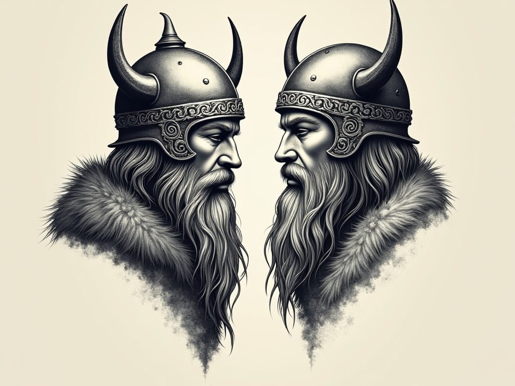 This image features two Viking warriors facing each other, showcasing intricate helmets and long bearded faces. The design emphasizes strength and masculinity intertwined with elegance. Each helmet is adorned with distinct artistic details that reflect Scandinavian heritage. The contrast between their expressions adds depth to the portrayal of Viking culture. The overall monochromatic palette enhances the dramatic effect of the image while maintaining a sophisticated appeal.