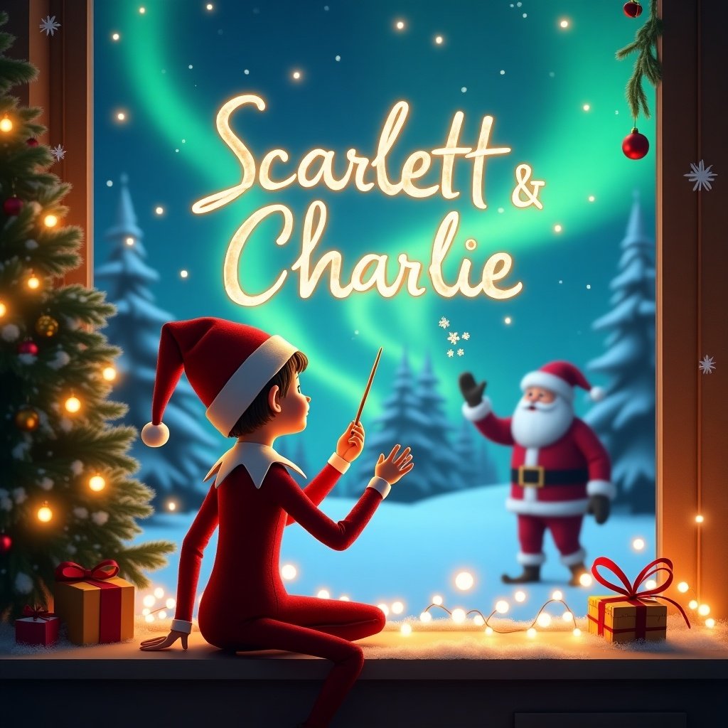 A whimsical scene featuring an elf on the shelf, sitting with his back to the viewer and facing the magical Christmas sky. He is using a wand to elegantly write the names 'Scarlett & Charlie' in bright, glowing letters among the northern lights. In the background, Santa Claus waves cheerfully, enhancing the festive atmosphere. The foreground includes Christmas decorations and gifts, setting a cozy holiday vibe. The overall image captures the enchantment of Christmas and the joy of childhood imagination.