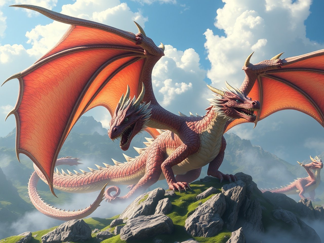 A majestic dragon with two heads perched on a mountain peak, its wings spread wide against a bright sky. Vivid orange and red scales shimmer in the sunlight, creating a powerful and awe-inspiring presence.