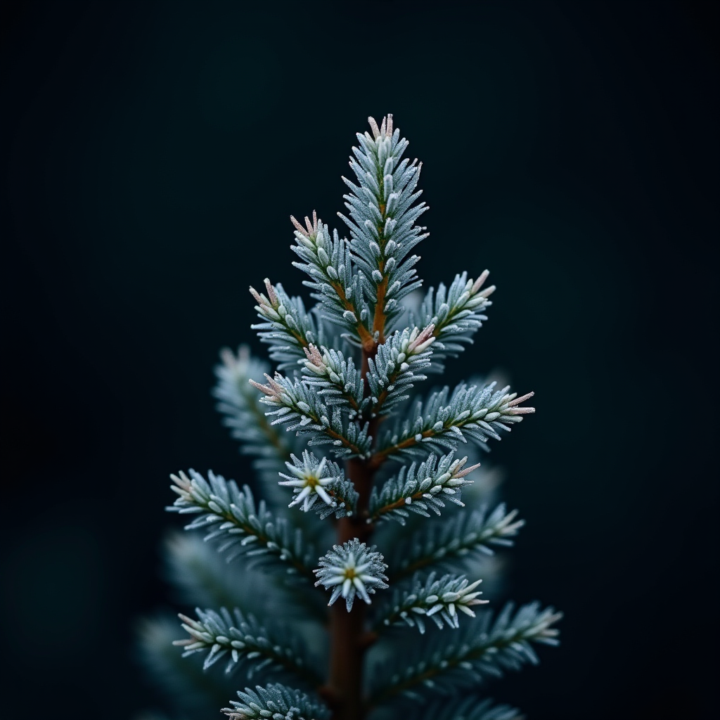 A close-up of a frost-covered evergreen branch set against a dark background, showcasing intricate, icy patterns on the needles.