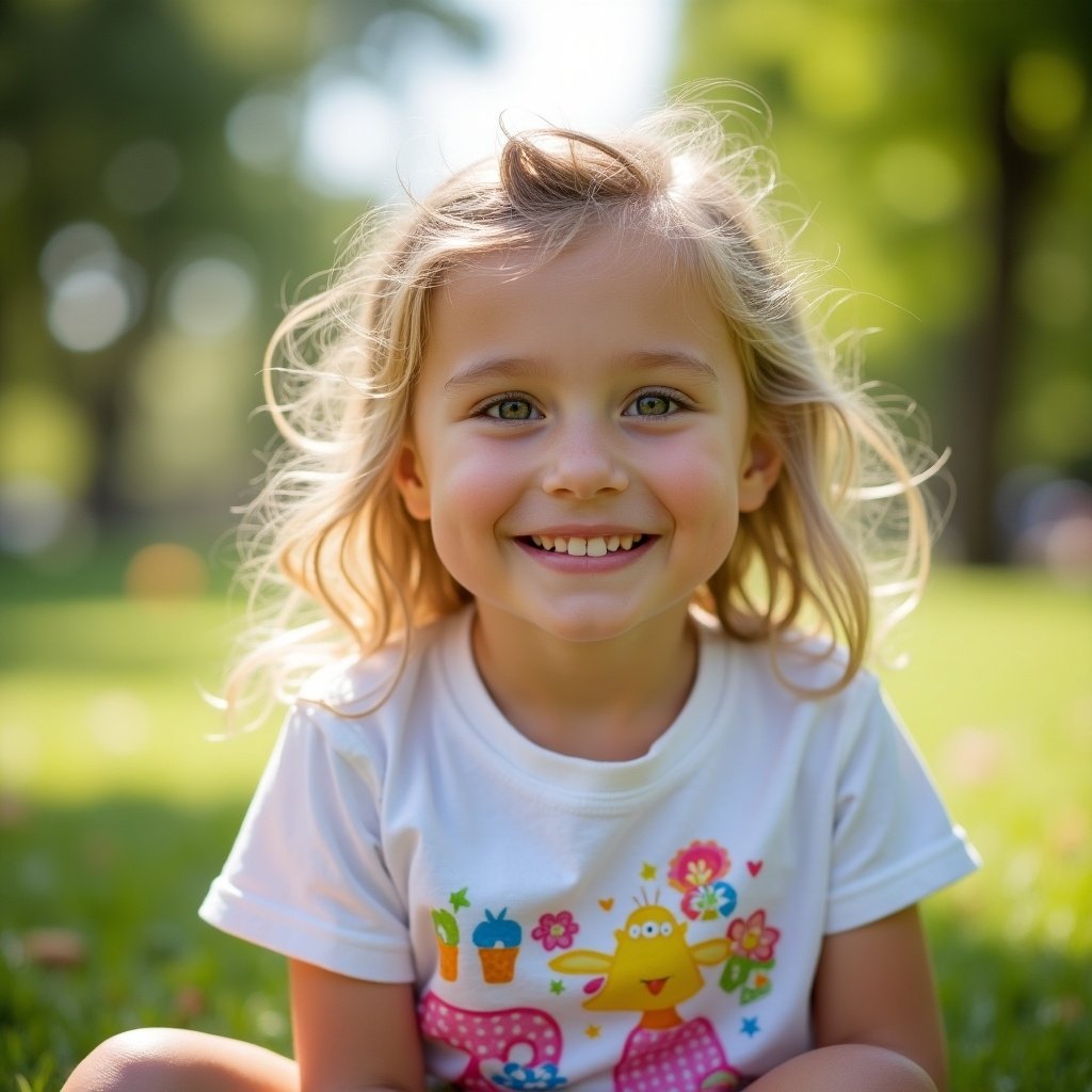 A cheerful four year old girl sits in a lush green park, exuding joy and innocence. She has long, wavy hair and is wearing a bright white t-shirt adorned with colorful patterns. Her smile is infectious, showcasing her playful spirit. The background features vibrant green grass and blurred trees, adding to the cheerful atmosphere. This image captures a moment of pure happiness, perfect for family-related content.