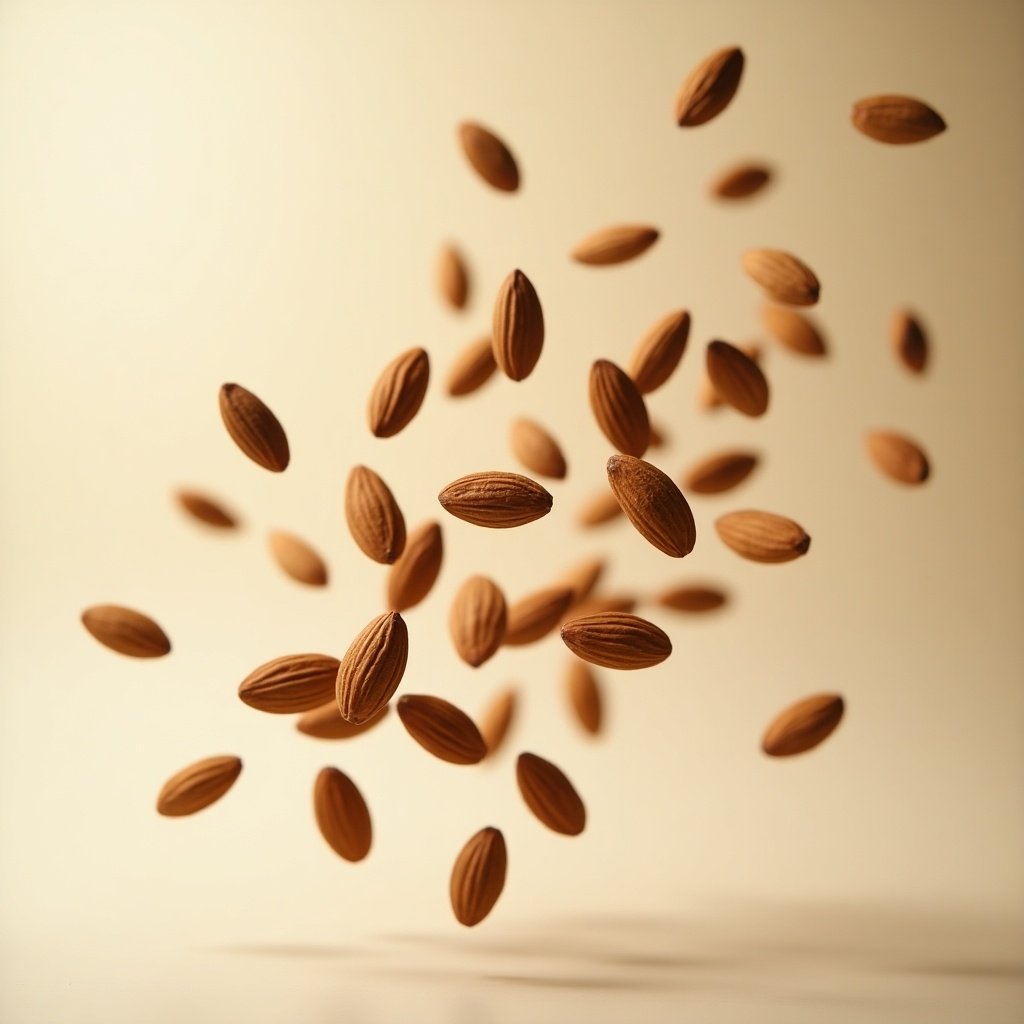 A stunning visual of almonds suspended in mid-air against a light beige background. The almonds are brown and showcase their natural texture, creating an appealing contrast with the backdrop. This captures the essence of health and vitality associated with nuts. The soft lighting emphasizes their contours, making them look appetizing and fresh. This image is ideal for promoting health food or recipes that highlight the benefits of almonds.