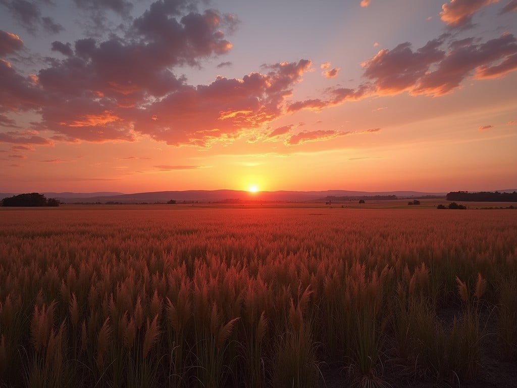 The image showcases a vast landscape of wheat fields bathed in the warm hues of a setting sun. The sun is just above the horizon, casting a golden glow across the fields, while the sky is painted with shades of orange, pink, and purple, dotted with scattered clouds. The tranquil scene evokes a sense of peace and the beauty of nature at sunset.