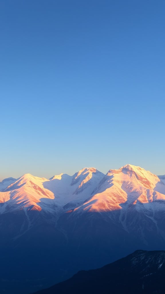 This image captures the majestic view of a snow-covered mountain range bathed in the warm glow of a setting sun. The peaks are illuminated with a rosy hue against a clear, expansive blue sky. The contrast between the bright, snow-capped summits and the deep shadows of the foreground creates a striking visual harmony.