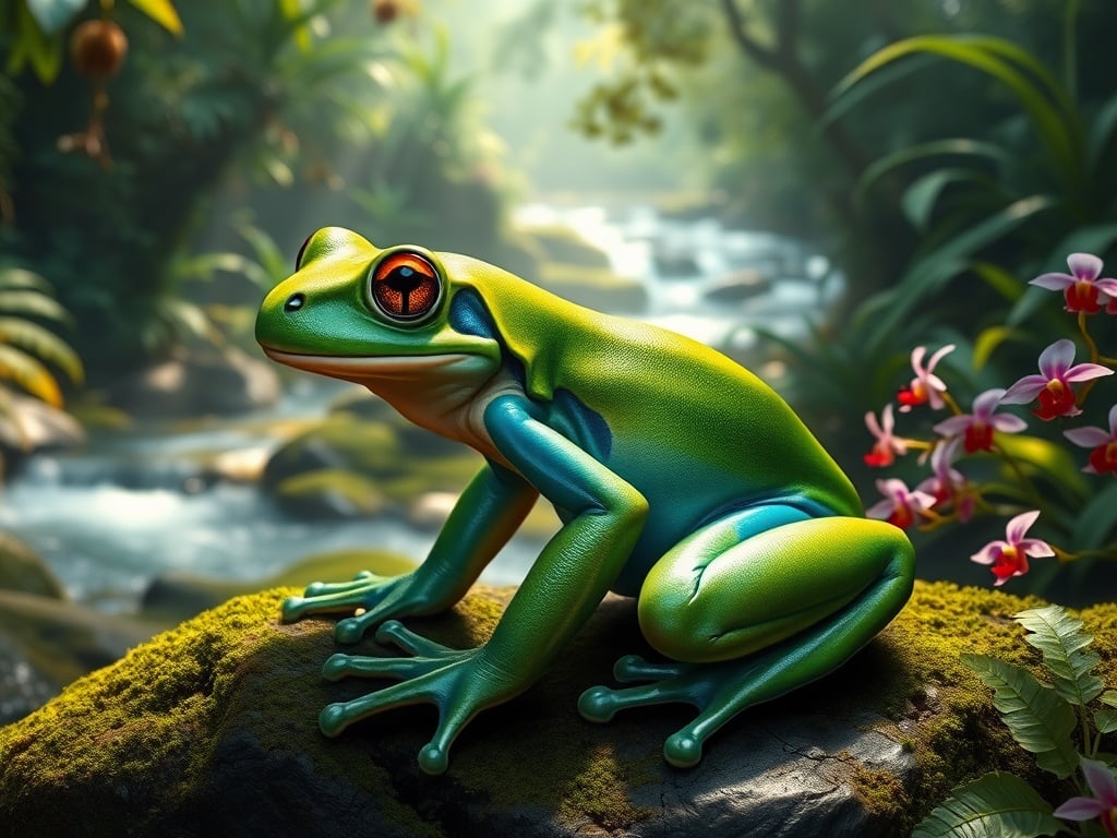 This image showcases a vibrant green tree frog sitting on a moss-covered rock in a lush, tropical rainforest setting. The frog's bright red eyes are striking and detailed, standing out against the vivid green and blue tones of its skin. Surrounding the frog are dense, blurred foliage and delicate pink orchids, creating an enchanting, serene atmosphere.