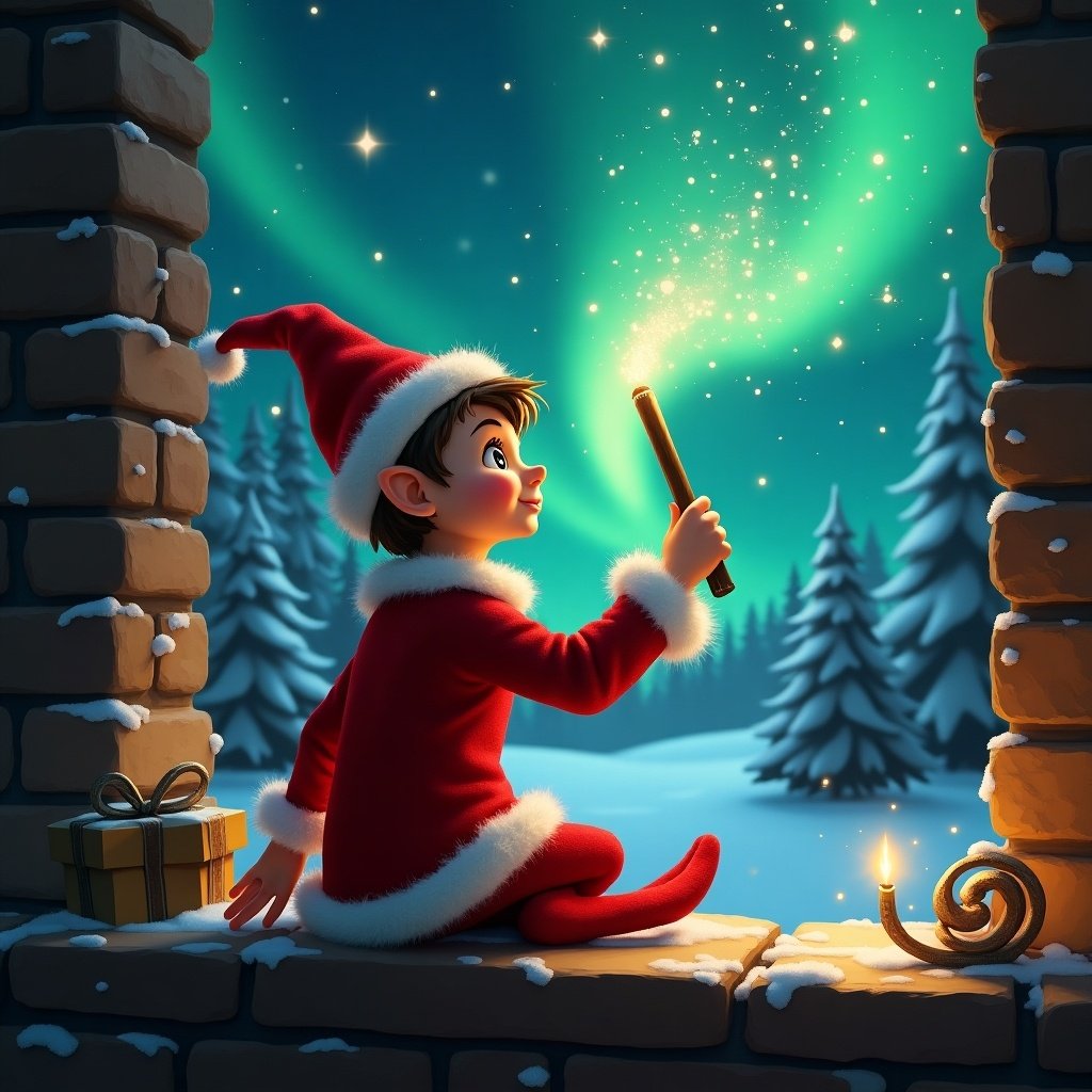 A young elf dressed in a bright red outfit sits on a stone window ledge. He gazes up in wonder at the vibrant northern lights spreading across the night sky. In his hand, he holds a sparkling magic wand, with shimmering dust sparkling as he writes 'Brinley' in the air. Snow blankets the ground outside, and tall evergreen trees create a serene backdrop. A small gift sits next to him, adding to the festive atmosphere. This scene captures the essence of holiday wonder and magic.