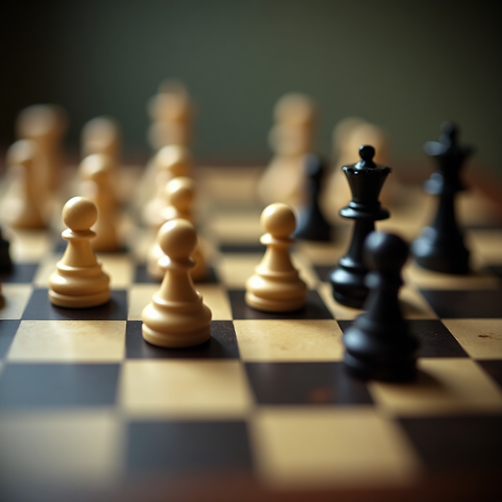 The image showcases a close-up of a chessboard filled with pieces. The board features black and creamy white pieces, each carefully positioned. The focus is on the strategic alignment of pawns and kings, highlighting the tension of a game in progress. There’s a soft haze in the background, creating an artistic effect. The color palette combines warm browns with contrasting black and white, inviting viewers into a moment of gameplay.