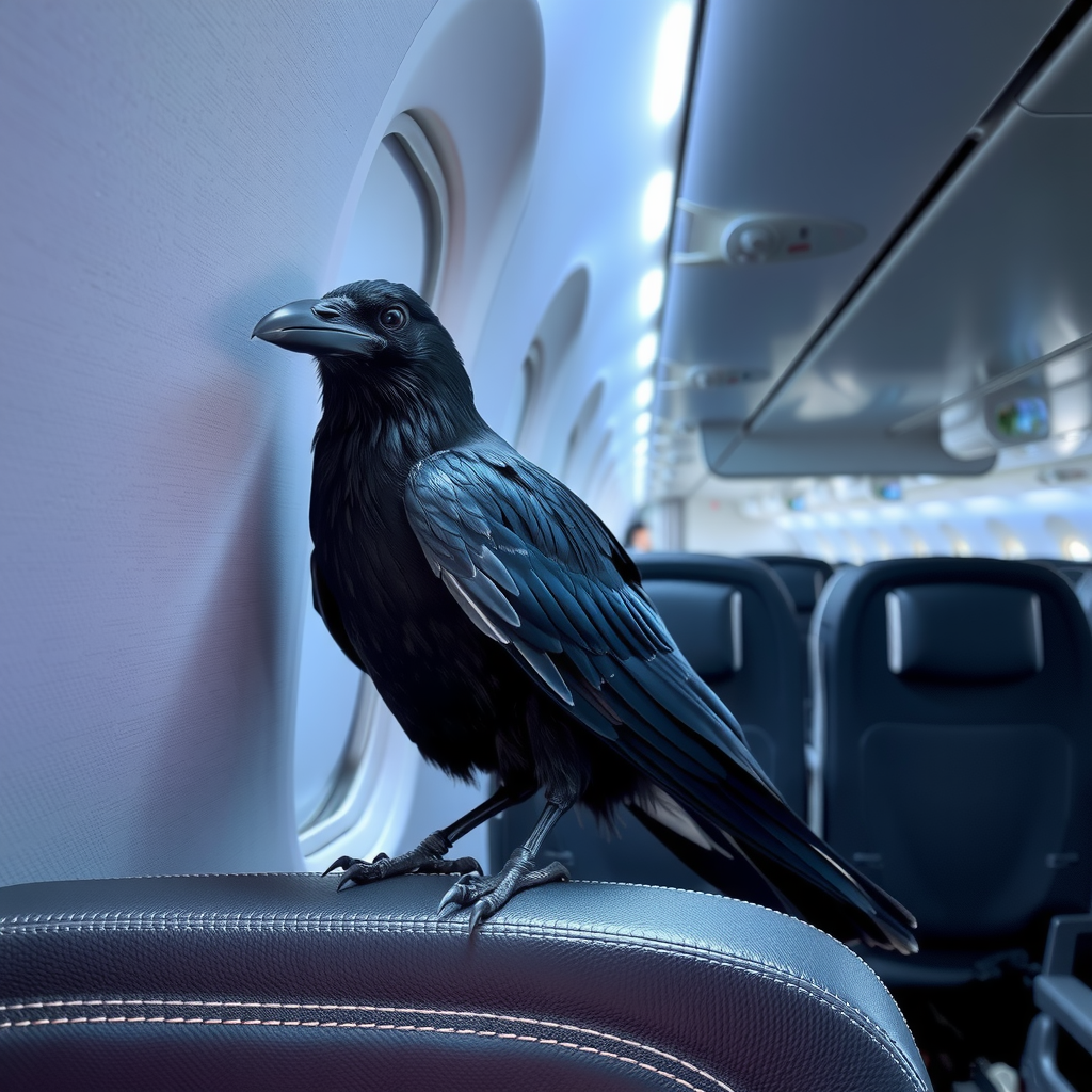 A crow is perched on a plane seat cushion, looking out of the window at the sky.