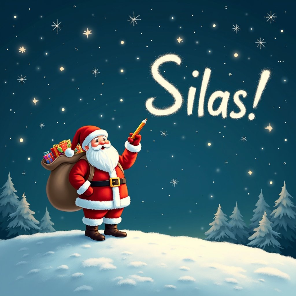 In a magical winter scene, Santa Claus stands on a snowy hill under a starry night sky. He is holding a pencil and looking up as he writes names of children in the sky. Santa, dressed in his traditional red and white suit, has a large sack of gifts on his back. The night is bright with twinkling stars surrounding him. The phrase 'Silas!' is displayed in a whimsical font, adding to the festive atmosphere.