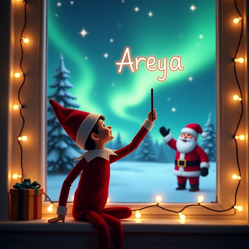 A cozy scene featuring an elf on the shelf with his back turned, positioned in front of a window. He's looking up at the night sky, using a magic wand to write 'Areya' among the northern lights. The background is enchanting, showing a snowy landscape with a joyful Santa waving. String lights frame the window, adding a warm, festive glow. This image captures the magic of Christmas through a child's eyes, blending tradition with festive imagination.