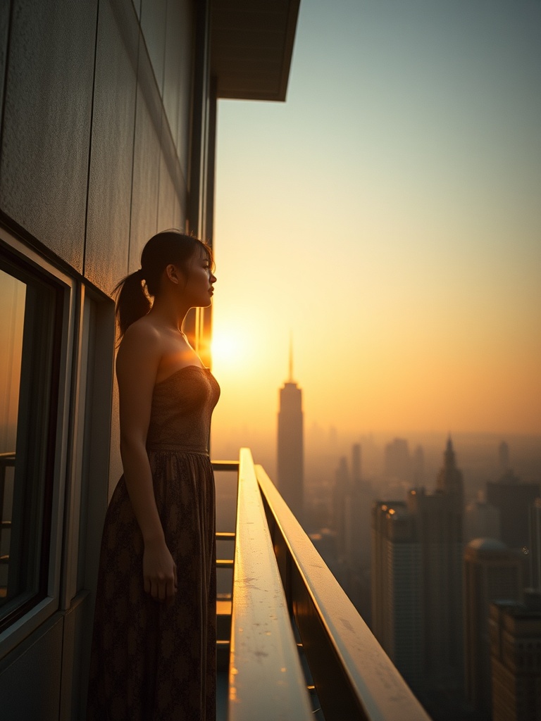 A person stands on a balcony overlooking a city skyline during sunset. The golden glow of the setting sun creates a stunning silhouette, emphasizing tranquility and introspection. Tall buildings rise in the background, bathed in the soft orange and yellow hues of the sky, while the shadows add depth to the scene.