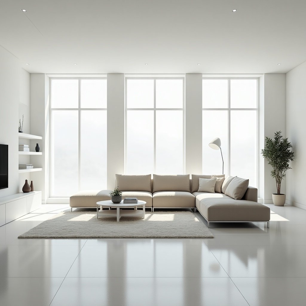 This image features a modern and spacious living room with a minimalist design. The walls are painted a clean white, creating an airy feel. Large windows allow for ample natural light, illuminating the space beautifully. In the center, there's a comfortable sofa ideal for relaxation. The overall decor is elegant and understated, promoting a serene environment.