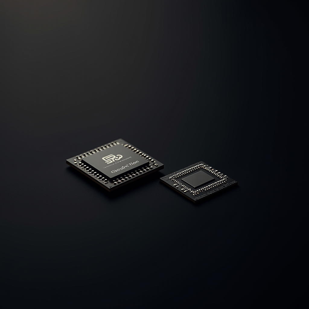 Two black microchips, positioned on a sleek dark background, showcasing intricate metallic connectors and a logo with text "Eleglin 10nm."