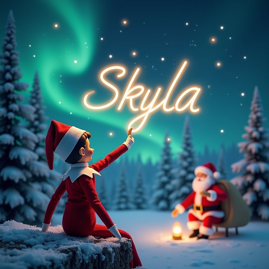 In a magical winter scene, an elf on the shelf is seen from behind. Dressed in a bright red outfit, the elf faces a beautiful sky filled with northern lights. The elf holds a sparkling wand and is writing the name 'Skyla' in the air. In the background, Santa Claus sits by a warm fire, adding to the enchanting atmosphere. Snow-covered trees surround the scene, enhancing the cozy and festive vibe. The elf and Santa together create a delightful holiday moment.