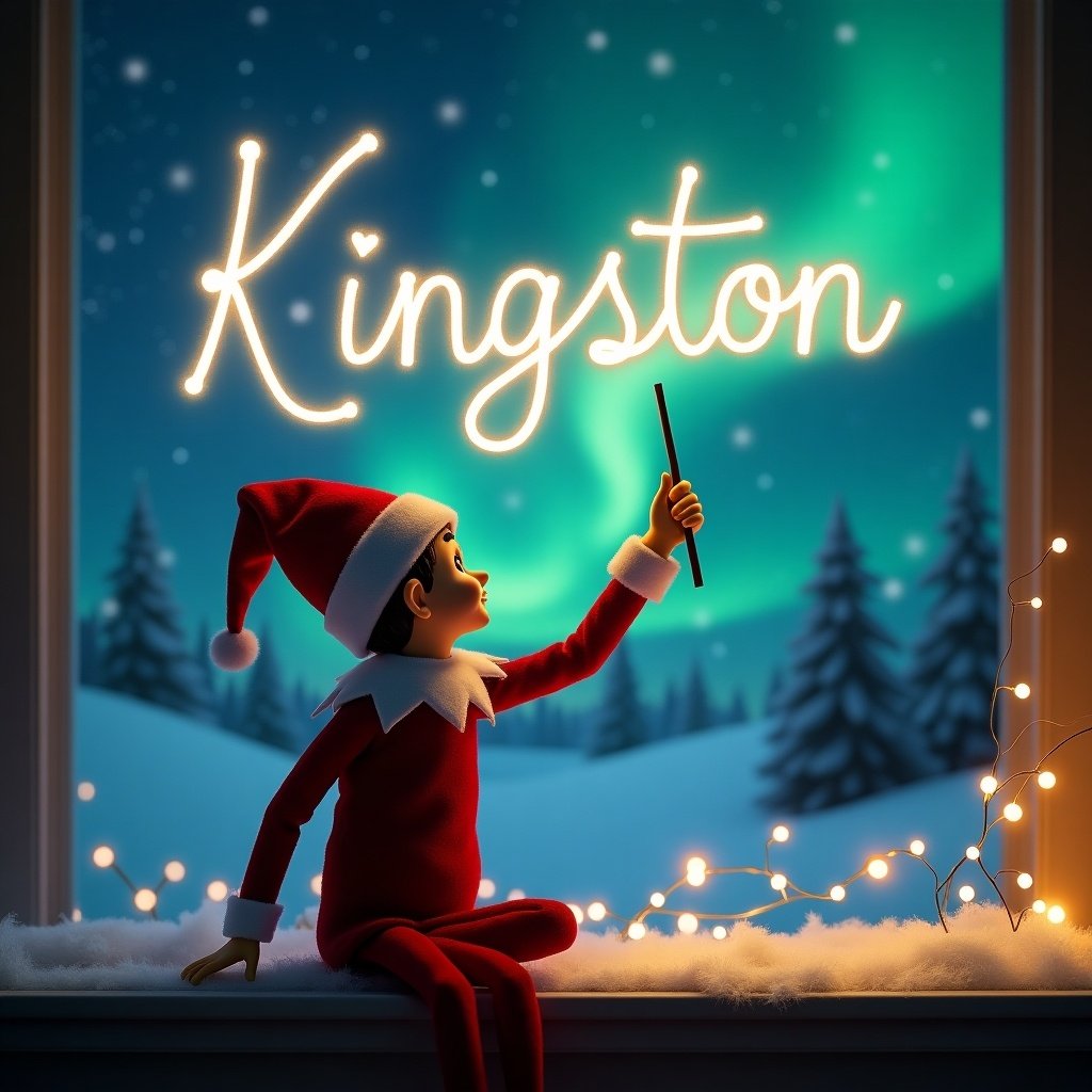 An elf on the shelf sits on the windowsill, facing the enchanting night sky. The elf, dressed in a classic red outfit with a white collar and hat, is using a magic wand. He is elegantly writing the name 'Kingston' in shimmering light against a backdrop of vibrant northern lights. Snow-covered pine trees frame the scene, creating a cozy holiday atmosphere. In the background, hints of Santa can be seen. The elf also plans to write the name 'Cairo' in the air. Cheerful, magical lights twinkle around him, bringing joy to the Christmas setting.