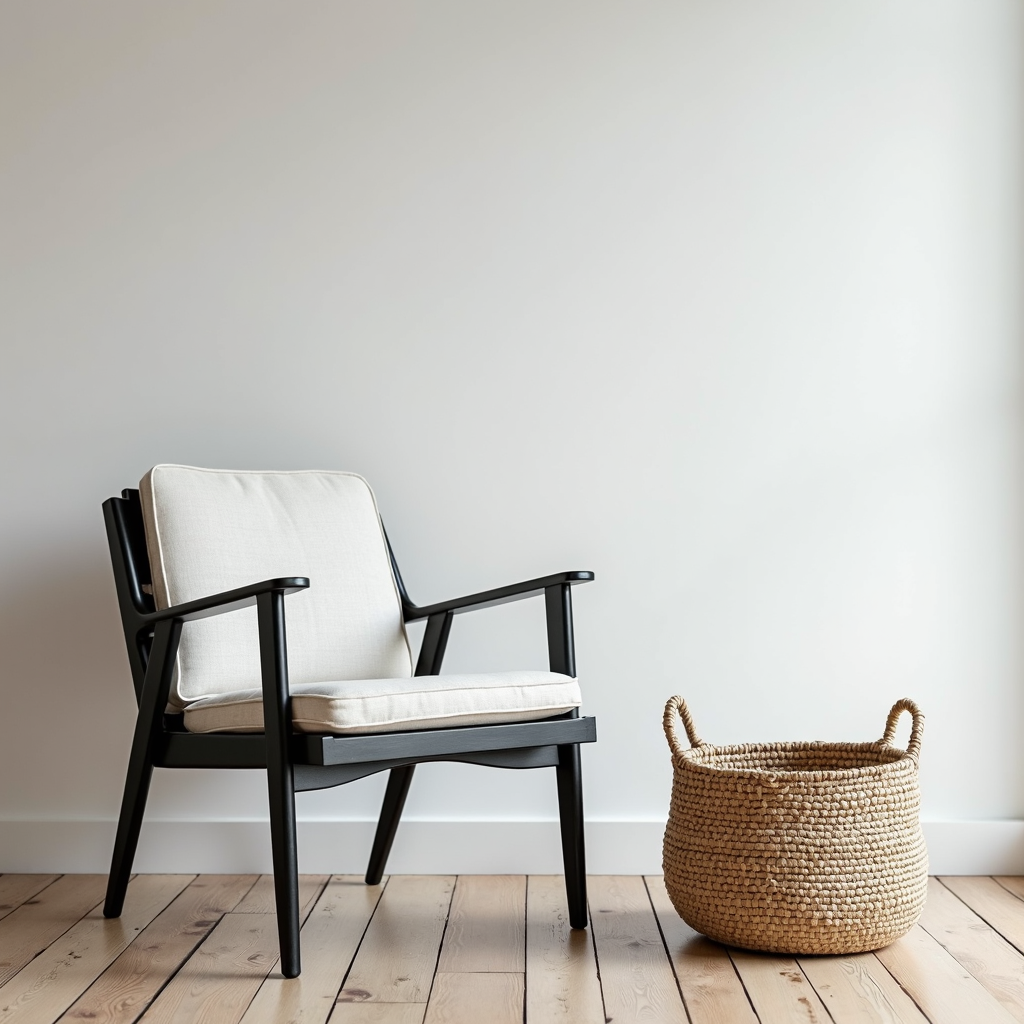 A minimalist interior featuring a black chair and a woven basket on wooden flooring.