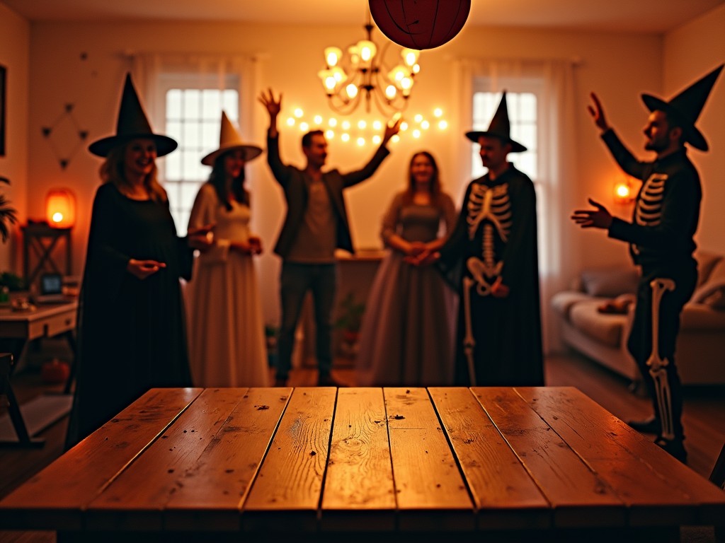 The image captures a lively indoor Halloween gathering. In the foreground, a wooden table sets the scene, suggesting a casual meet-up. Behind it, friends are dressed in various Halloween costumes, including witches and a skeleton. The warm lighting adds a cozy vibe to the celebration. Everyone seems engaged and festive, creating an inviting atmosphere for fun and celebration. The background is slightly blurred to emphasize the foreground elements.