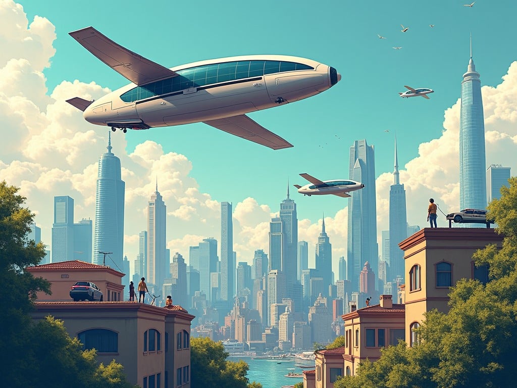 A vibrant, futuristic cityscape with flying cars and modern architecture, featuring a clear sky and high-tech vehicles navigating through skyscrapers.