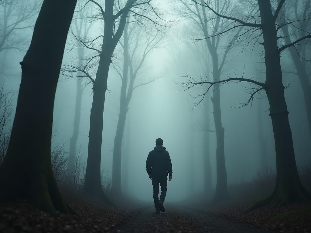 The image depicts a solitary figure walking along a narrow path in a dense forest shrouded in fog. Towering trees with bare branches loom on either side, creating a dramatic and eerie atmosphere. The faint light filtering through the mist adds to the mysterious setting. The path stretches ahead, inviting yet foreboding, suggesting a journey into the unknown. This scene evokes feelings of solitude and contemplation, as the figure becomes a part of the haunting landscape.