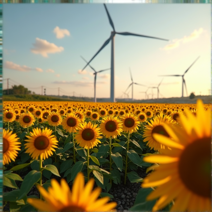 A field of sunflowers with wind turbines in the background during a sunset.