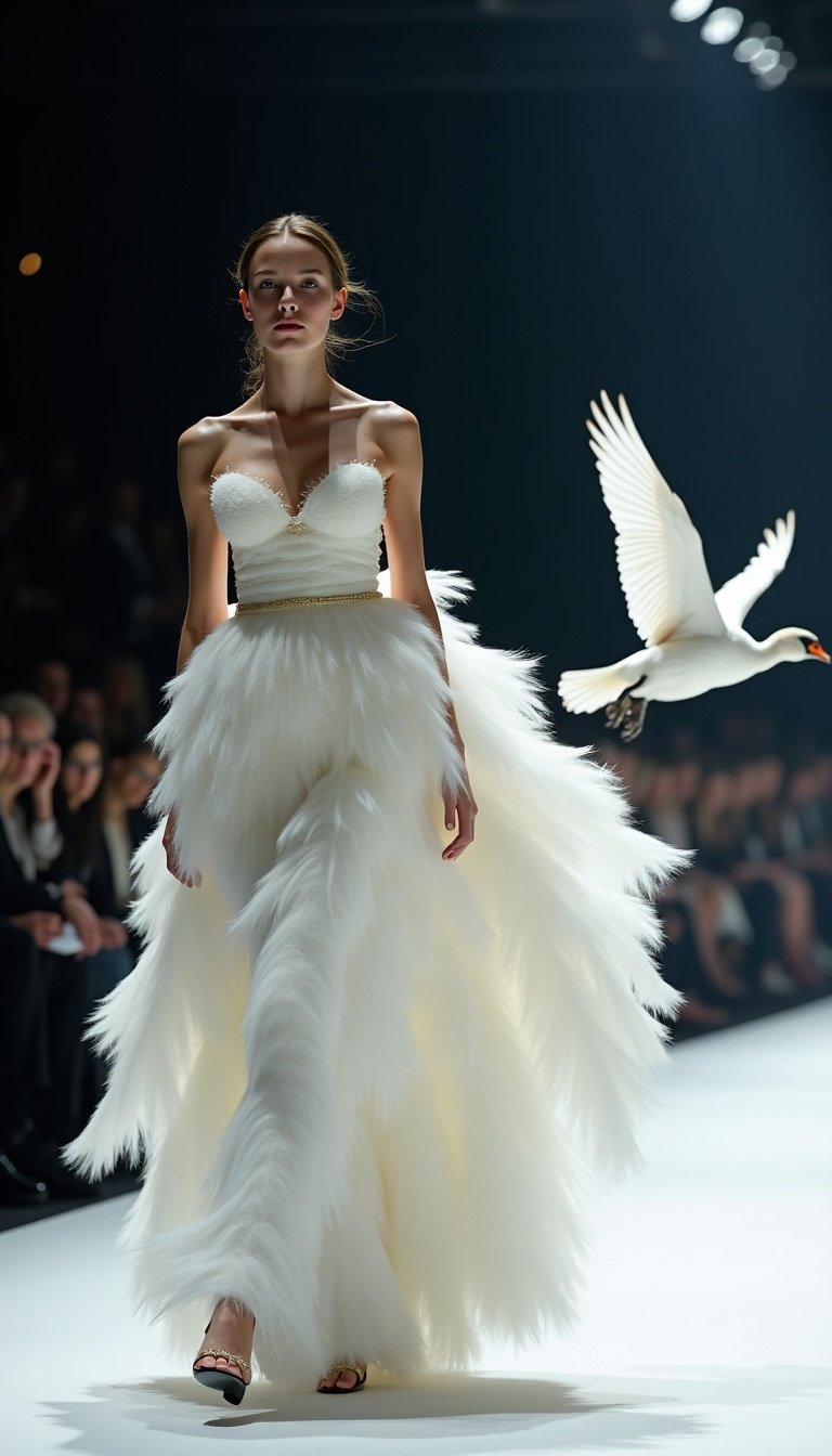 A graceful swan-human glides down the runway in an ethereal fur gown made of fine white plumes. Her neck is long and regal, and her expression is serene yet commanding. A live white swan trails her, its feathers glowing faintly in the soft lights. This scene captures the merging of elegance and nature in a high-fashion environment. The contrast of a hawk-human introduces a narrative of tension and drama as they represent two opposing forces.