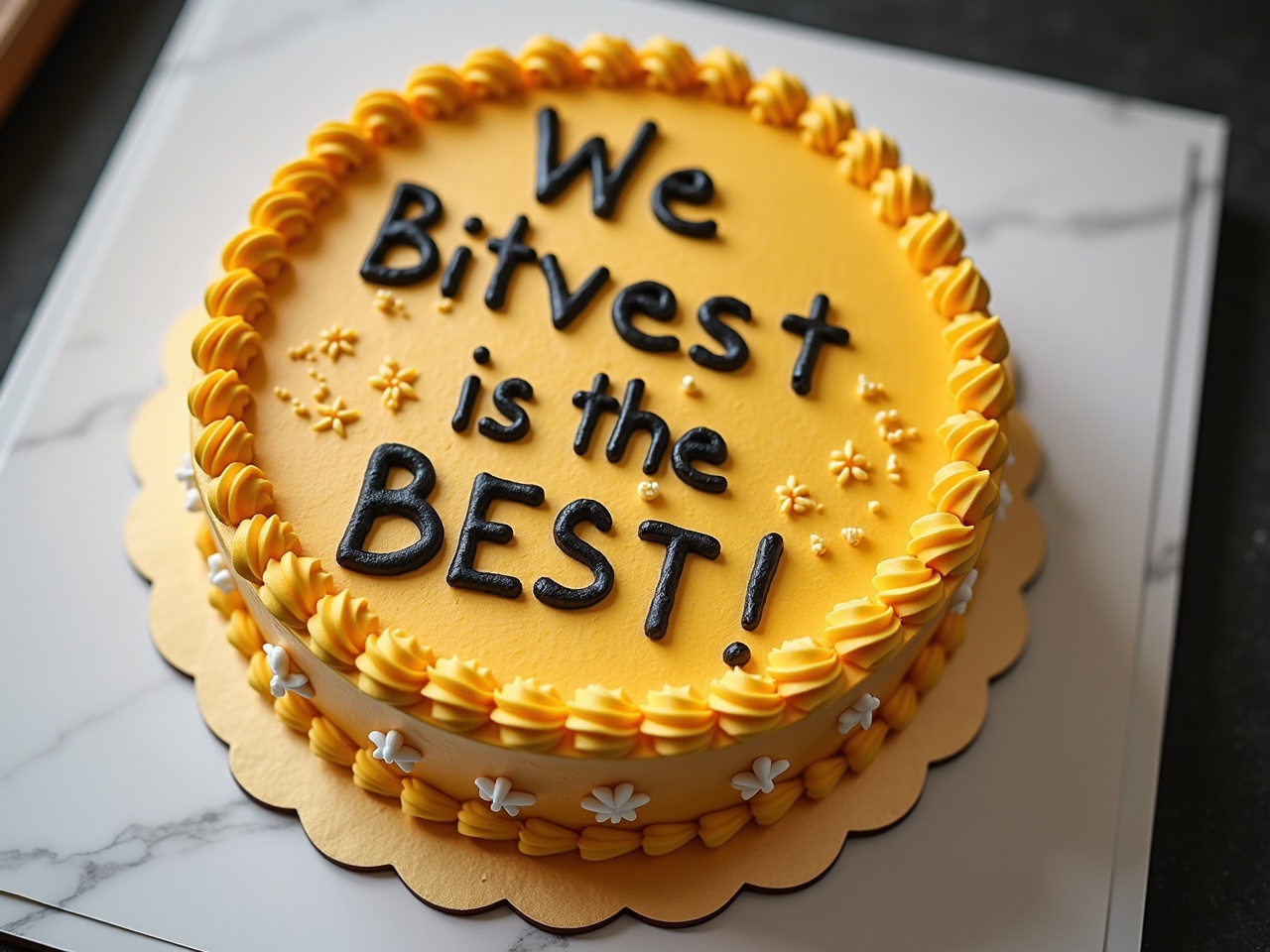 This image features a beautifully decorated cake designed to celebrate a special occasion. The cake is frosted in a bright yellow color, creating a cheerful and inviting appearance. It has a message that proudly states "Bitvest is the BEST!" in bold black letters. Surrounding the text are delicate decorations, including small white flowers and yellow swirls. The overall design is vibrant and eye-catching, making it perfect for parties or corporate events.