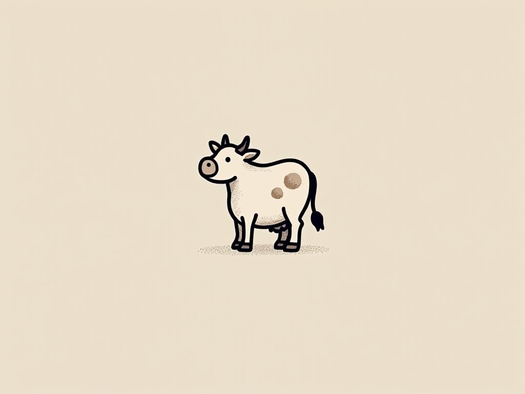 This is a simple, cartoon-style illustration of a cow, characterized by its cream-colored body and two brown patches. The cow has a friendly expression with a round snout and small horns. This design is clean and minimalistic, making it suitable for a tattoo. The background is a muted beige, emphasizing the cow. Overall, the image conveys a playful and charming aesthetic, ideal for simple tattoo art.