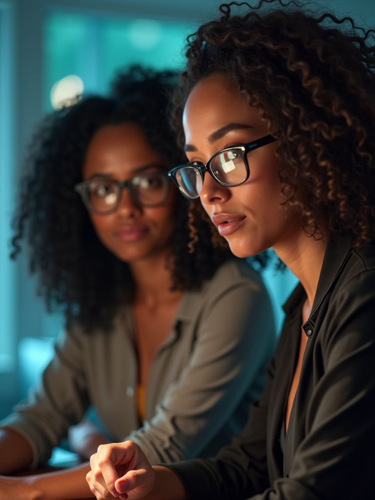 Two women wearing glasses are sitting together, looking thoughtful.