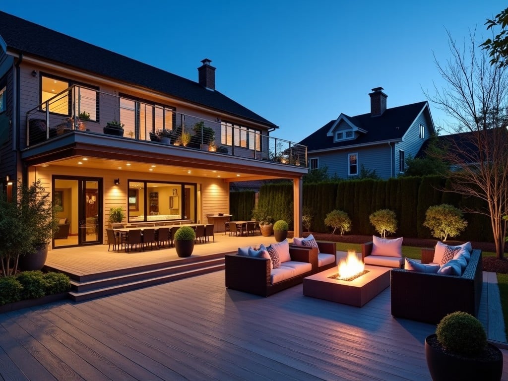 This image showcases a luxurious modern patio area featuring elegant wooden decking. The stylish seating arrangement centers around a glowing fire pit, providing a cozy atmosphere. The patio connects to an already built raised deck, creating a seamless indoor-outdoor flow. Lush greenery and well-lit spaces enhance the ambiance. The evening setting adds warmth and tranquility to this inviting outdoor space.