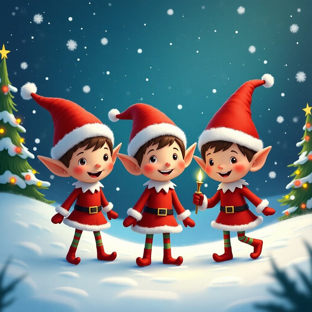 This image features three adorable elf characters named Cole, Bunty, and Albie, who are on a festive Christmas adventure. Each elf is dressed in a red outfit with a hat and festive stripes. They're standing together in a snowy setting adorned with Christmas trees. The scene is bright and cheerful, evoking a sense of holiday spirit. Snowflakes are gently falling, adding to the winter wonderland atmosphere. The elves are smiling, inviting viewers to join in their magical journey. It's a perfect illustration for holiday-themed stories or decorations.