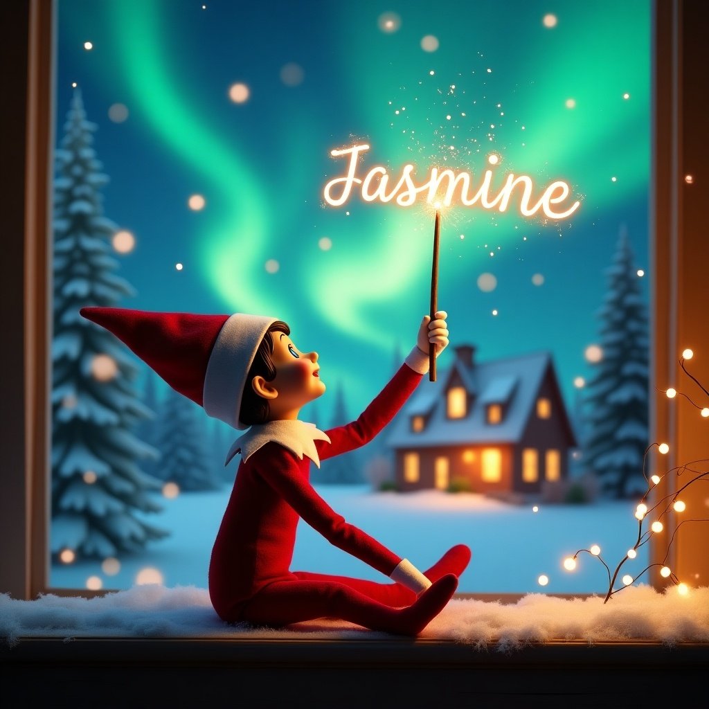 An elf on the shelf sits with its back to the viewer, gazing skyward. It holds a glowing wand that emits sparkling light. The background showcases a charming Christmas scene with colorful northern lights swirling above. In the distance, a cozy house can be seen, decorated for the holidays. Snow covers the ground, adding to the winter atmosphere and creating a sense of holiday cheer. The elf is in a playful position, embodying the magic and wonder of Christmas, and the name 'Jasmine' is written in the air with the wand.