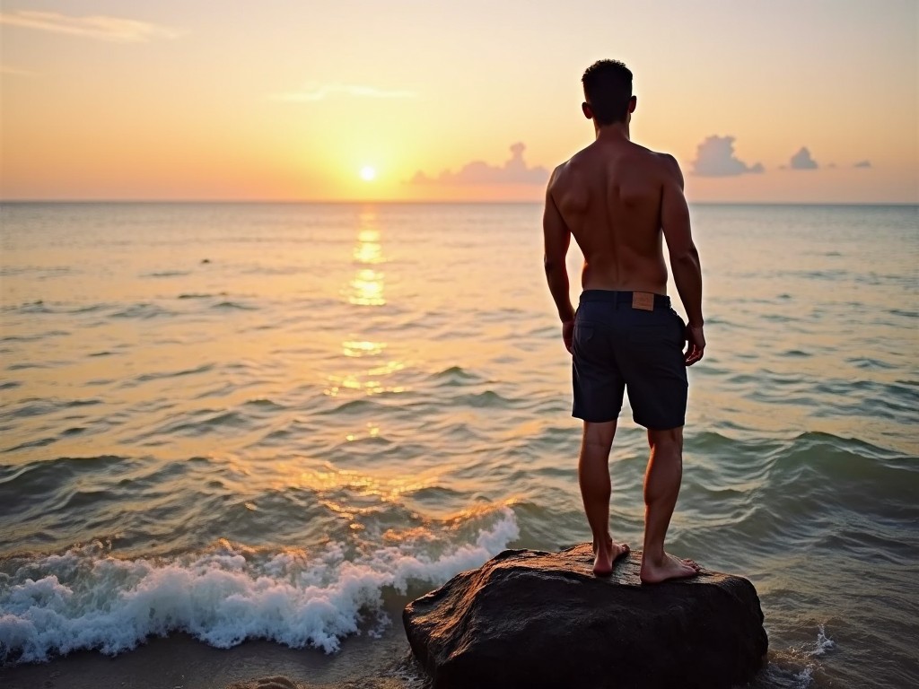 A shirtless man stands on a rock, gazing out at the calm sea. It's sunset, and the golden light reflects off the water. The scene is peaceful and evokes a sense of tranquility. The man appears contemplative as he enjoys the moment. Gentle waves lap at the rock, adding to the serene atmosphere.